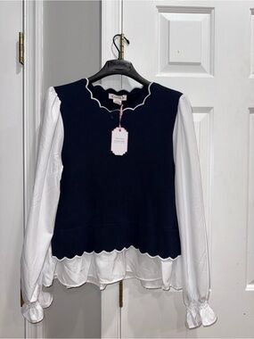 Nanette Lepore Navy Sweater-Front Top with White Blouse Sleeves